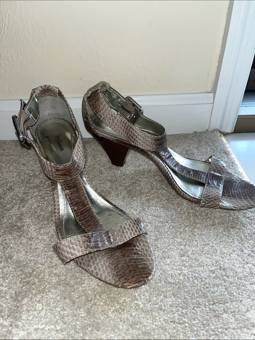 Style & Co Staccato Taupe Snake-Embossed T-Strap Heels